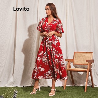 Đầm LOVITO eo cao thun tay bướm cắt xẻ ở đùi có thắt lưng họa tiết hoa phong cách boho cho nữ L45LD050 (màu đỏ)