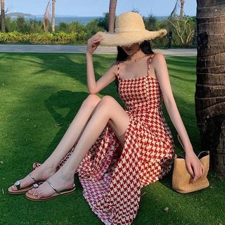 Xj-đầm Hai Dây Dáng Dài Ôm Eo Xẻ Tà Họa Tiết houndstooth Phong Cách Hàn Quốc Thời Trang Mùa Hè Dành Cho Bạn Nữ