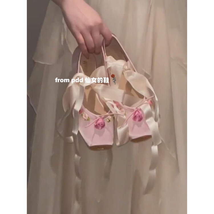 French retro gentle fairy style bow pink ballet shoes women's spring dress flower shoes