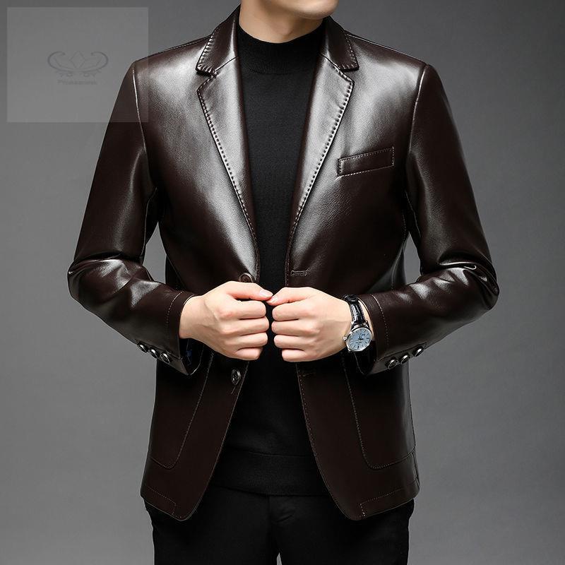 Áo Khoác Da Cổ Vest Dáng Ôm Thời Trang Xuân Thu Cho Nam Giới Trung Niên