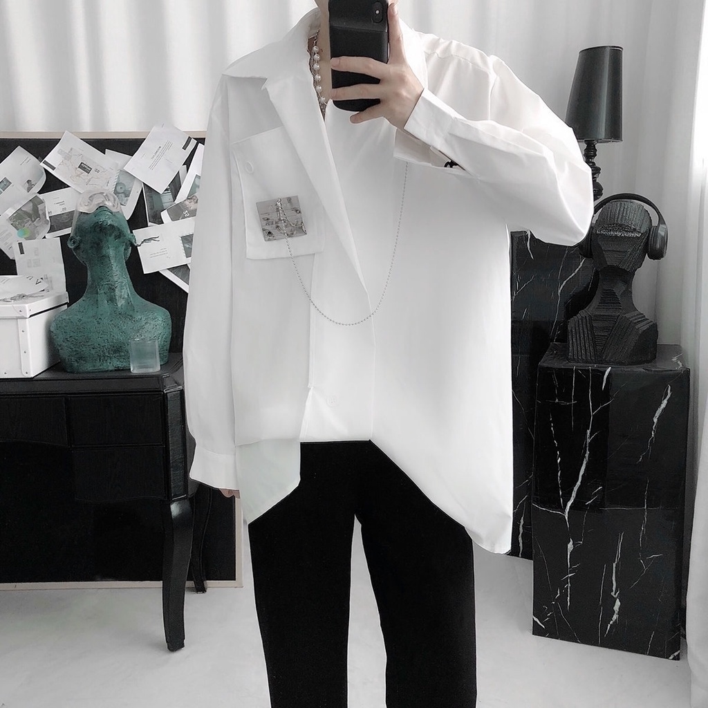 Áo Sơ Mi Nam Dài Tay Phối Dây Xích Kim Loại Sang Trọng Size M-2Xl Có Thể Tháo Rời 5 Kiểu