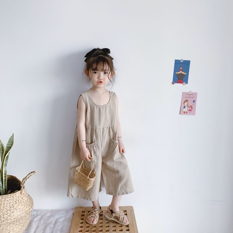 Áo Liền Quần Bằng Cotton Linen Tay Cộc Dáng Rộng Thoáng Khí Phong Cách Hàn Quốc Thời Trang Mùa Hè Cho Bé Gái