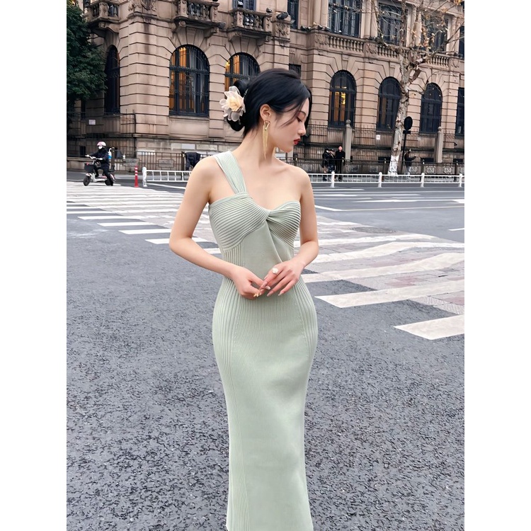 Váy Quấn Ngực Dệt Kim Mỏng Vừa Vặn Phong Cách Hàn Quốc Màu Xanh Lá Nhạt / Hồng Nhạt Phong Cách Mới Ni
