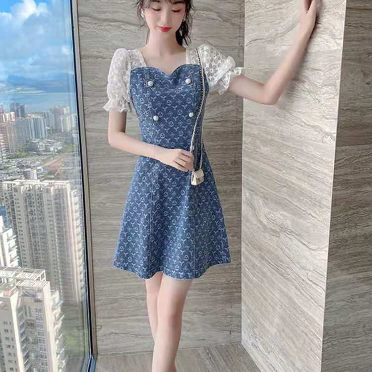Đầm Denim Cổ Vuông Tay Phồng Phối Ren Lưới Thời Trang Mùa Hè 2023 Cho Nữ
