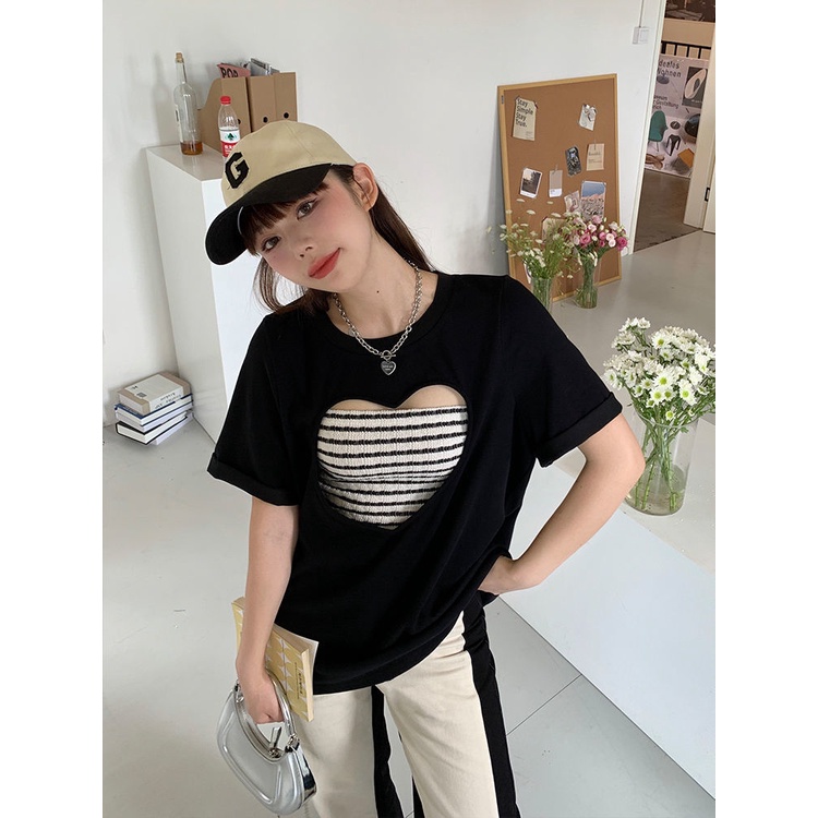Áo Thun Dáng Rộng Họa Tiết Hình Trái Tim Đáng Yêu Có Size Từ 100-150Kg Thời Trang Dành Cho Nữ