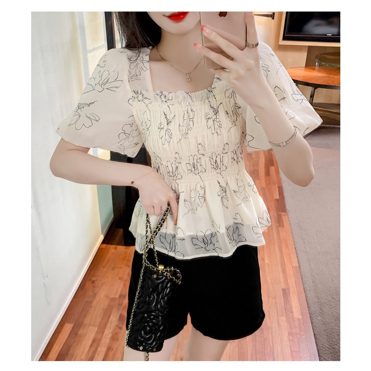 Áo Sơ Mi Chiffon Cổ Vuông Tay Phồng In Họa Tiết Hoa Thời Trang Mùa Hè Cho Nữ