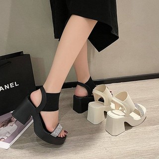 Sandal cao gót hở ngón đính đá chống nước mùa hè mới 2023