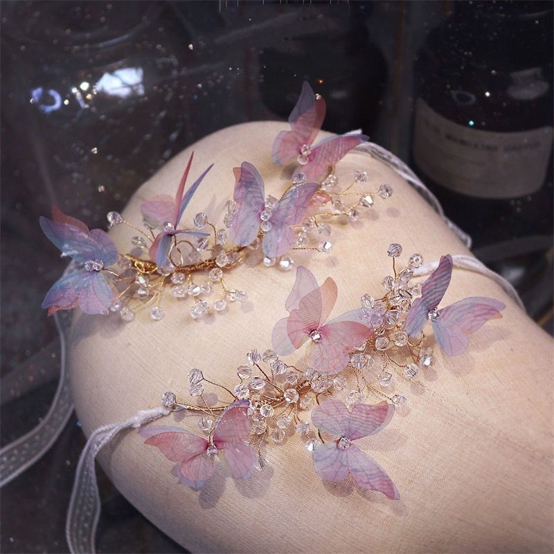 Vòng Đeo Tay Cô Dâu Đính Pha Lê Hình Hoa Bướm Màu Hồng / Xanh Dương Lấp Lánh