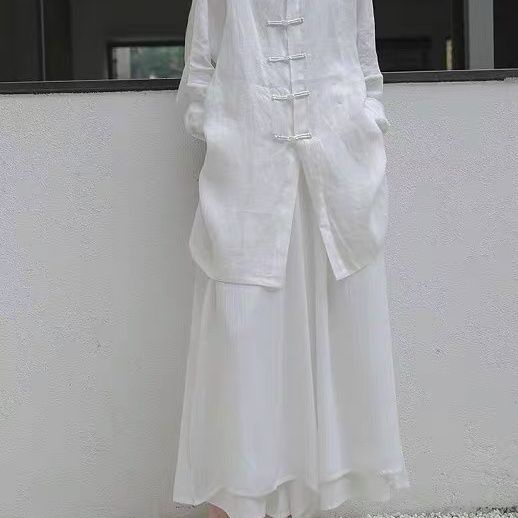 Lingyilixiu Áo Sơ Mi Trắng Dáng Rộng Cài Nút Phong Cách Hanfu Cho Nữ