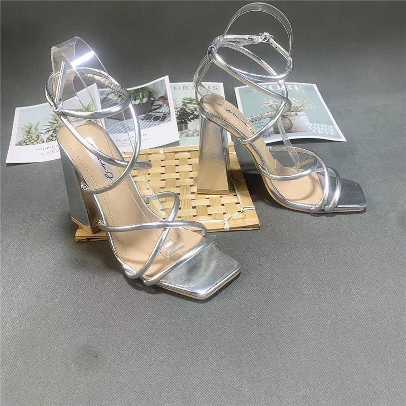 Giày Cao Gót Sandal Hở Ngón Quai Chéo Màu Bạc Thời Trang Mùa Hè Hàng Mới 2023 Dành Cho Bạn Nữ