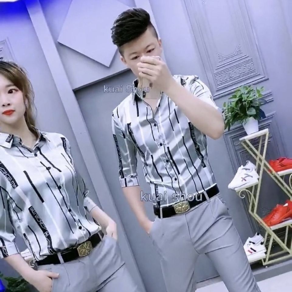Áo Sơ Mi Tay Lửng Dáng Ôm Không Trơn Họa Tiết Kẻ Sọc Thời Trang Mùa Hè Cho Nam