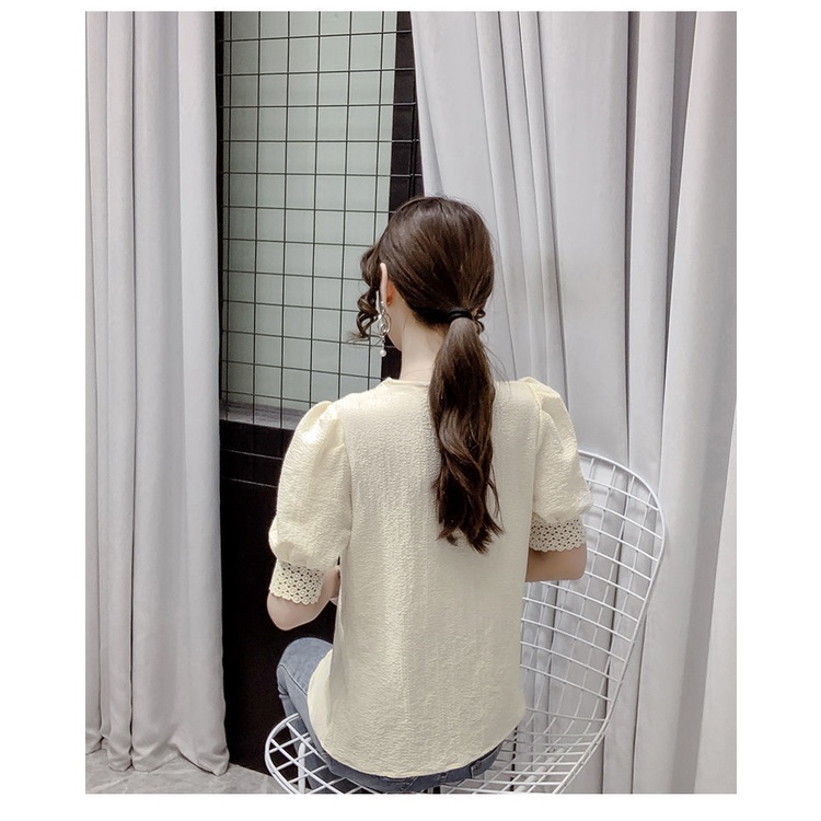 Áo Sơ Mi Chiffon Ngắn Tay Cổ Chữ V Phối Ren Phong Cách Pháp