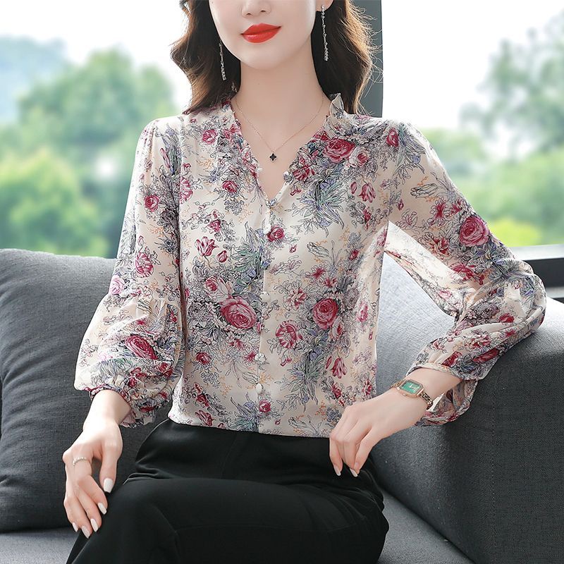 Áo Sơ Mi Voan Hoa Tay Dài Dáng Rộng Che Phủ Bụng Phong Cách Hàn Quốc Dành Cho Nữ