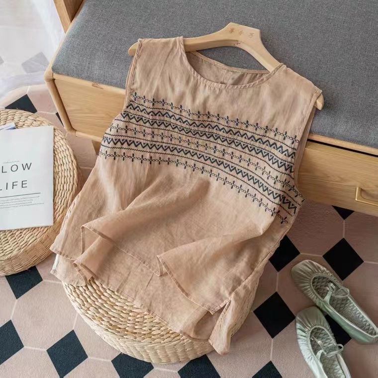 Áo Hai Dây Bằng Cotton Lanh Mỏng Màu Trơn Thêu Họa Tiết Nghệ Thuật Mùa Hè Kiểu Mới 2023