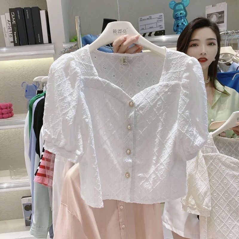 Áo Sơ Mi Tay Ngắn Cổ Vuông Phối Ren Thời Trang Mùa Hè Xinh Xắn Cho Nữ