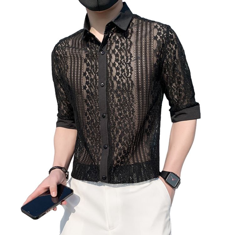 M-4XL hộp đêm áo sơ mi tay lỡ cá tính ren đẹp trai thời trang nam co giãn sành điệu