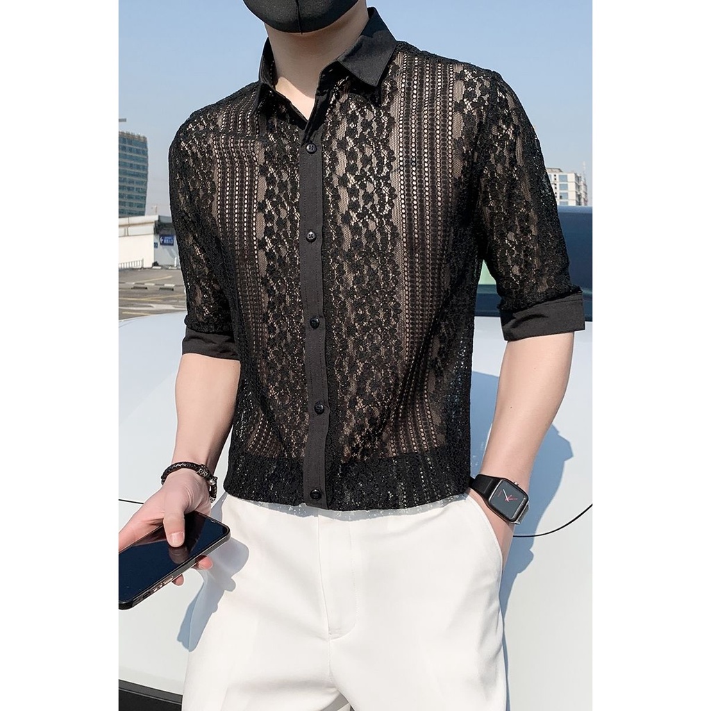 M-4XL hộp đêm áo sơ mi tay lỡ cá tính ren đẹp trai thời trang nam co giãn sành điệu