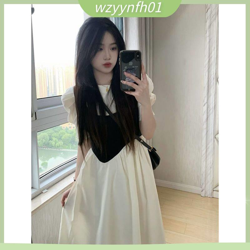 set babydoll váy babydoll tay phồng Đầm Dài Giả Hai Lớp Tay Phồng Màu Trắng Phong Cách Pháp Thời Trang Mùa Hè Hàng Mới Dành Cho Bạn Nữ Tuổi Trung Niên