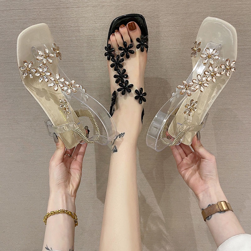 Xăng đan Cao Gót Quai Trong Suốt Đính Đá Thời Trang Mùa Hè 2023