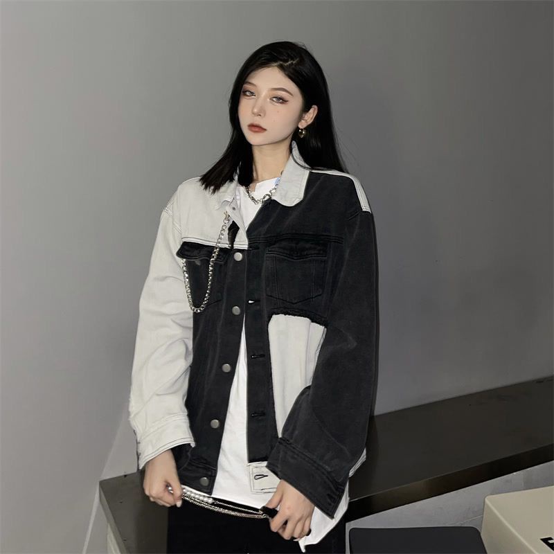 Áo Khoác Denim Tay Dài Màu Sắc Tương Phản Phối Dây Xích Thời Trang Xuân Thu Cao Cấp