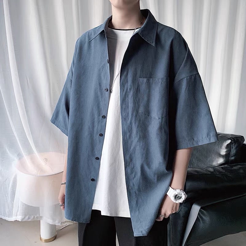 M-3XL Áo sơ mi ngắn tay lười áo sơ mi nam thời trang phong cách Hàn Quốc áo sơ mi áo sơ mi tay 5 phân cỡ lớn rộng rãi phong cách Hồng Kông