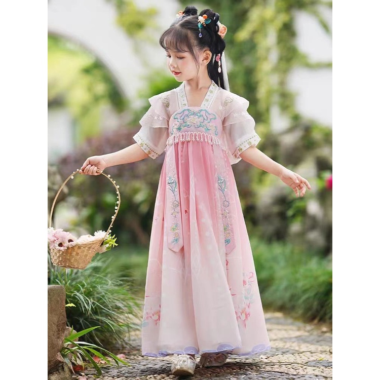 Hanfu girls summer dress 2023 new antique dress summer girls tang suit children s super fairy ancient costume summer mod