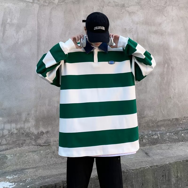 Áo Thun POLO Tay Dài Dáng Rộng Họa Tiết Kẻ Sọc Phong Cách Harajuku Thời Trang Mùa Hè Mới 2023 Dành Cho Bạn Nam