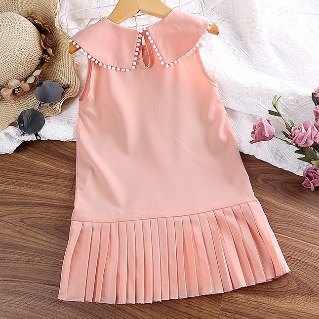 Đầm SIYYIS không tay xếp ly đính nơ màu sắc ngọt ngào dành cho bé gái 4-7 tuổi