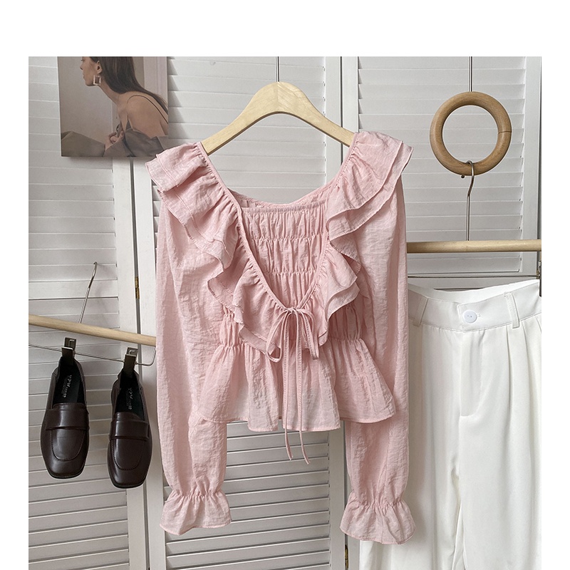 Áo Sơ Mi Dài Tay Phối Bèo Phong Cách Hàn Quốc Mới Cho Nữ