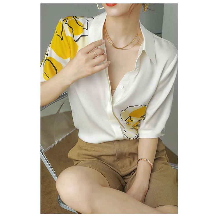 Áo Sơ Mi Chiffon Satin Ngắn Tay In Họa Tiết Tương Phản Thời Trang Mùa Hè