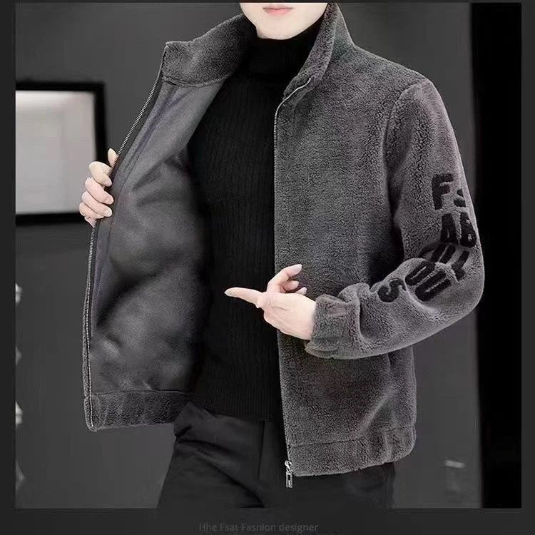 Áo Khoác Lông Cừu Cổ Đứng Thêu Họa Tiết Thời Trang Thu Đông Cho Nam