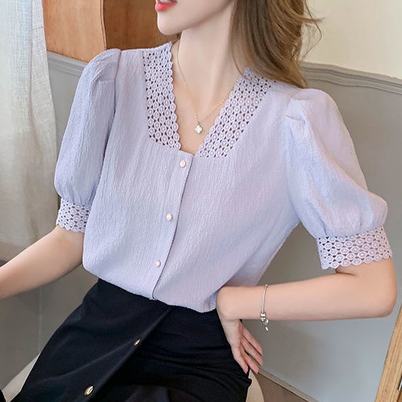 Áo Sơ Mi Chiffon Ngắn Tay Cổ Chữ V Phối Ren Phong Cách Pháp