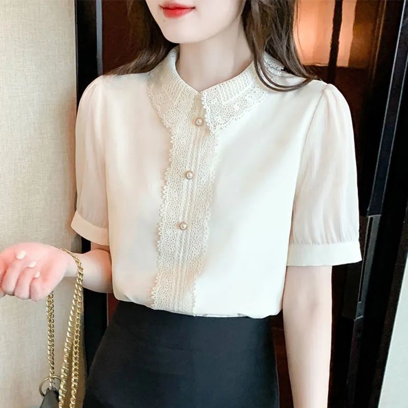 Áo Sơ Mi Chiffon Tay Ngắn Cổ Ren Màu Trơn Đơn Giản Thời Trang Mùa Hè Dành Cho Nữ