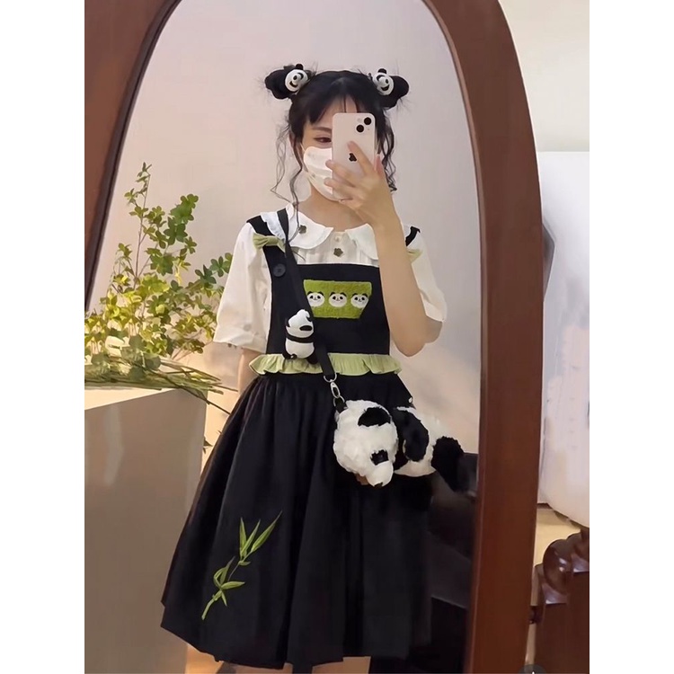 Set Áo Sơ Mi Cổ Búp Bê + Chân Váy Thêu Hình Gấu Trúc Dễ Thương Phong Cách Trung Hoa