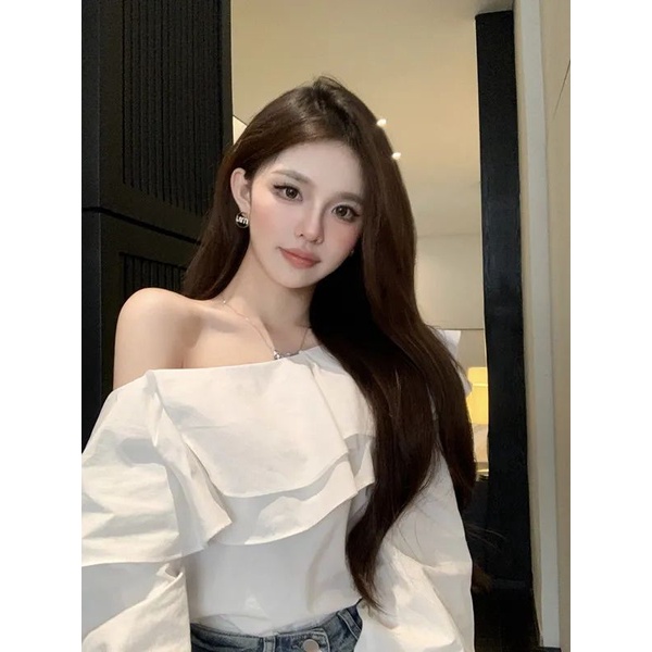 Áo Sơ Mi Tay Dài Trễ Vai Phong Cách Hàn Quốc Ngọt Ngào Hàng Mới