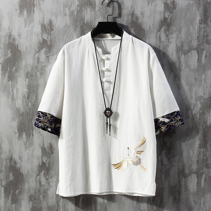 Hàng Có Sẵn!Áo Thun Ngắn Tay Vải Lanh Mỏng Thêu Hình Chim Hạc Kiểu Trung Hoa Thời Trang Mùa Hè Cho Nam