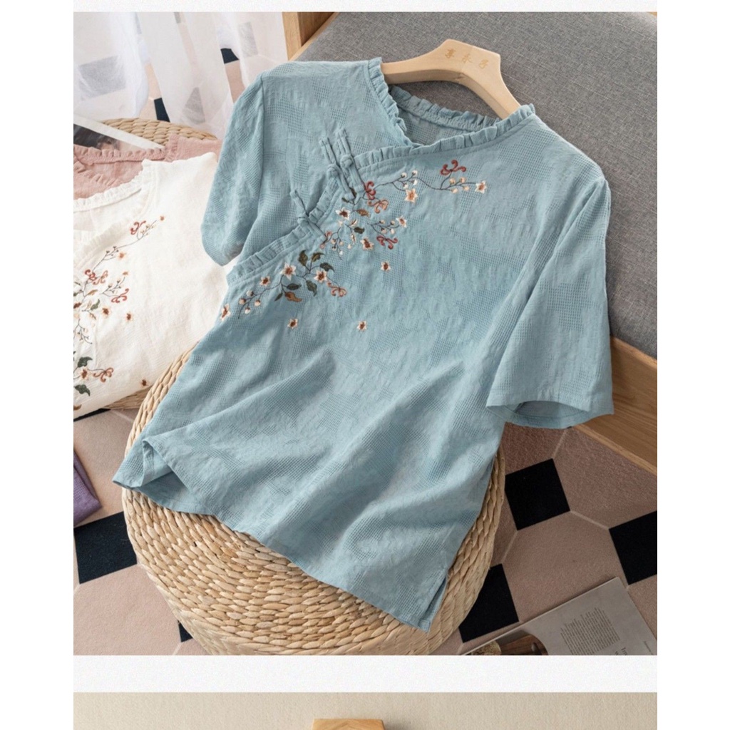 Áo Sơ Mi Vải Lanh Cotton Tay Ngắn Thêu Họa Tiết Phong Cách Trung Hoa Cổ Điển Thời Trang Mùa Hè Cho Nữ