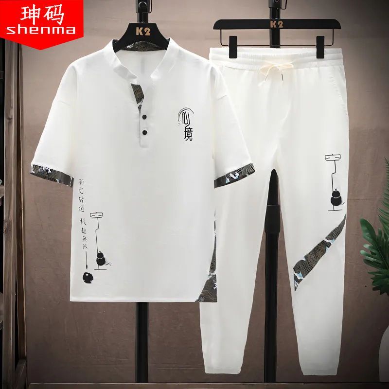 Quần áo nam mới của M-4XL Trung Quốc phong cách retro quần ngắn tay rộng rãi mát mẻ thể thao giải trí nam bộ hai mảnh