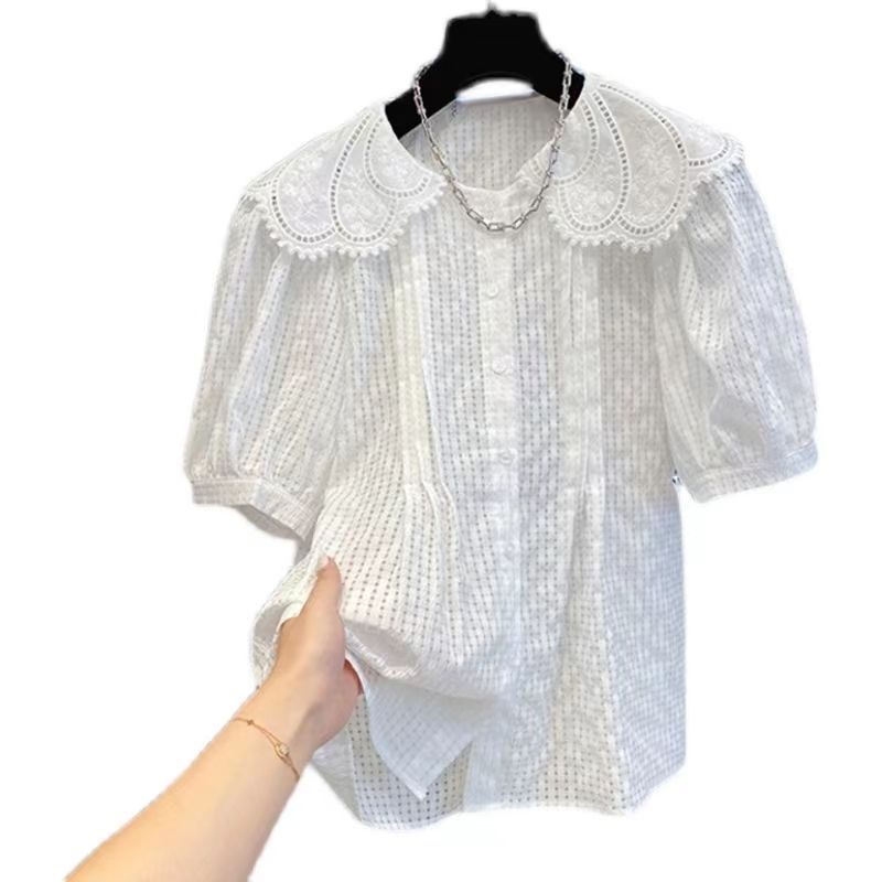 Áo Sơ Mi Tay Ngắn Phồng Cổ Búp Bê Phối Ren Phong Cách Phương Tây Cho Nữ