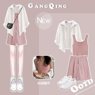Bộ áo sơ mi chống nắng phối quần short cỡ lớn thời trang 2023 cho nữ#0704#套装女2023大码女装穿搭防晒衬衫吊带搭配休闲短裤三件套