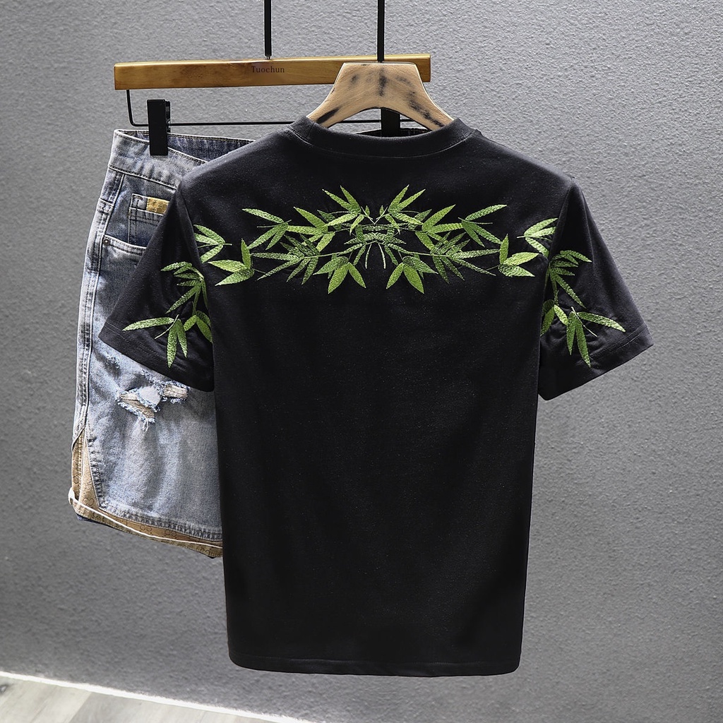 Hàng Có Sẵn!Áo Thun Tay Ngắn Dáng Rộng Thêu Hình Lá Tre Thời Trang Mùa Hè Cho Nam