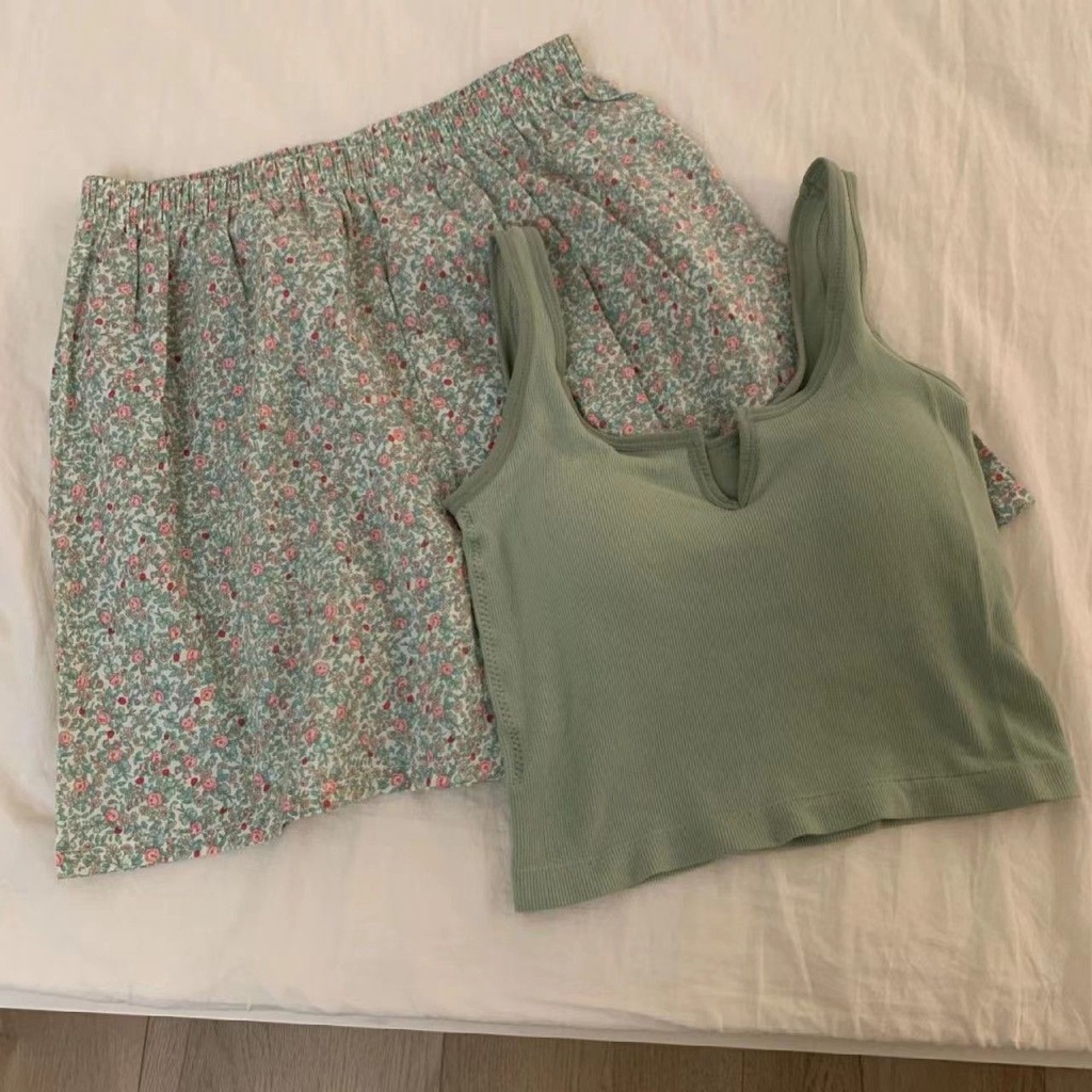 Bộ Đồ Ngủ Một Mảnh Áo Hai Dây Có Mút Đệm Ngực + Quần Short Họa Tiết Hoa Thời Trang Mùa Hè Dành