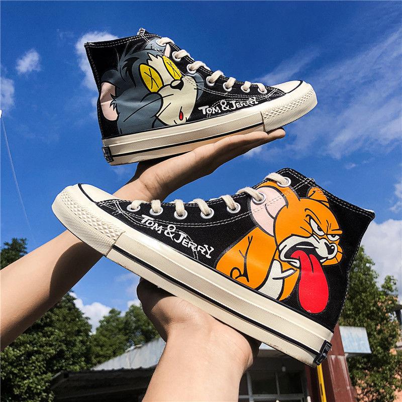 Giày Thể Thao Canvas Cổ Cao Họa Tiết Mèo Chuột Graffiti One Piece Phong Cách Hàn Quốc Cho Nam Sinh