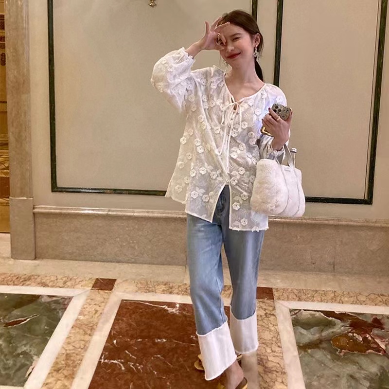 Áo Sơ Mi Nữ Tay Dài Cổ Tròn Thêu Hoa Phong Cách Hàn Quốc Baju Baju Wanita Lengan Panjang Hàng Mới Có Sẵn