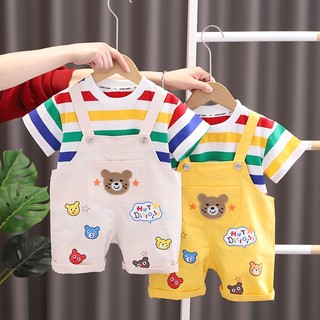 Set Đồ Mùa Hè 2023 Gồm Áo Thun Sọc In Hình Gấu Hoạt Hình + Quần Yếm Cho Bé Trai