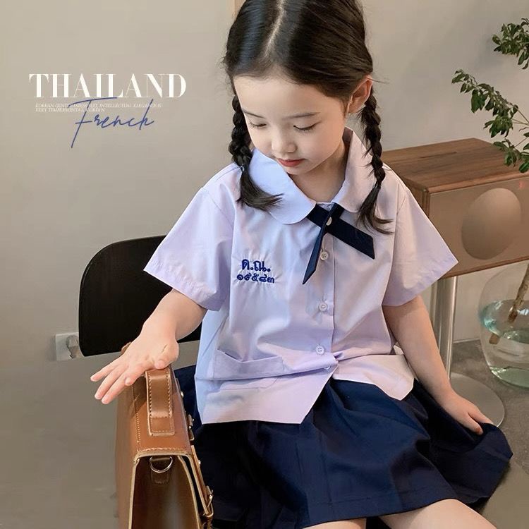 Set Áo Thun Ngắn Tay Và Chân Váy Xếp Ly Màu Xanh Navy Cho Nữ Sinh Thái Lan _ MeiJ Store
