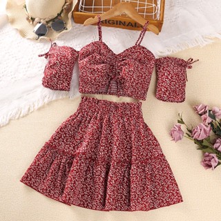 Set Đồ Mùa Hè 2 Món Gồm Áo Croptop Trễ Vai In Hoa Màu Đỏ + Chân Váy Màu Sắc Ngọt Ngào Cho Bé Gái 8-12 Tuổi