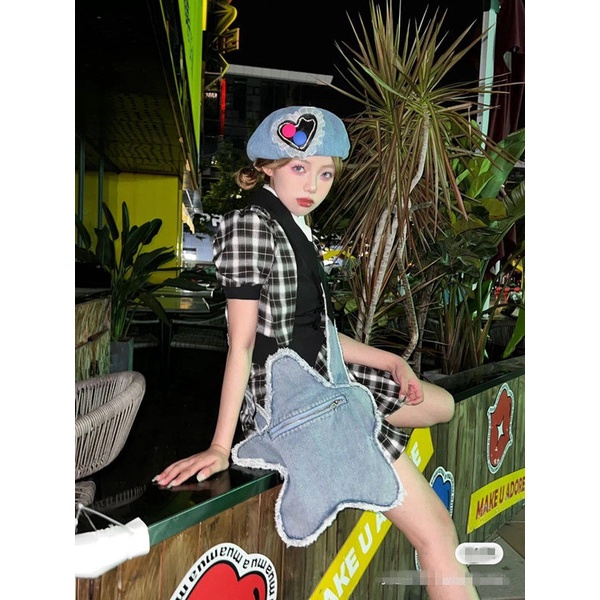 5yby Túi denim y2k Họa Tiết Ngôi Sao Dễ Thương Viền Thô Có Thể Điều Chỉnh Phong Cách ins