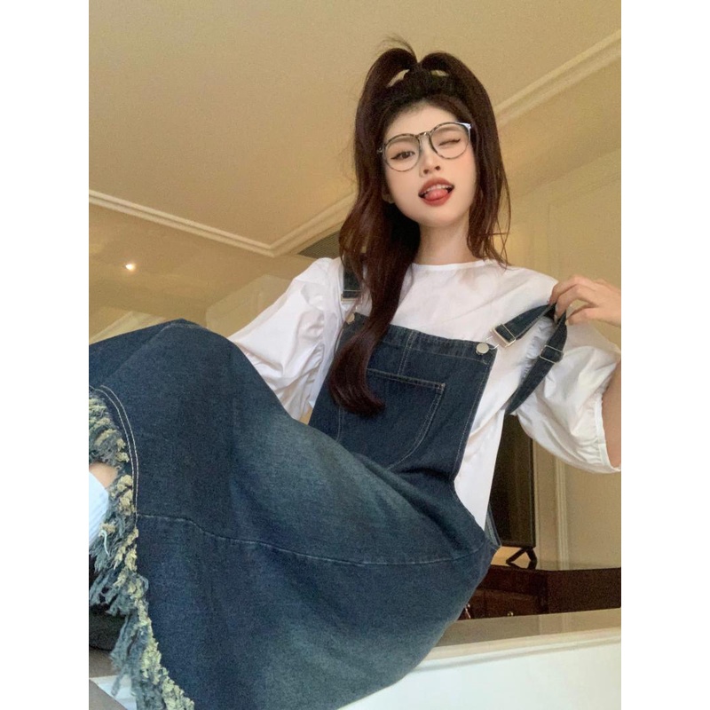 NUZIRO Đầm Yếm Denim Dáng Rộng Phong Cách Hàn Quốc Thời Trang Mùa Hè Xinh Xắn Cho Nữ