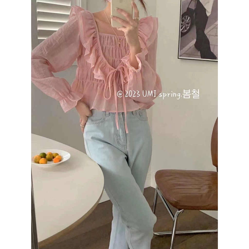 Áo Sơ Mi Dài Tay Phối Bèo Phong Cách Hàn Quốc Mới Cho Nữ